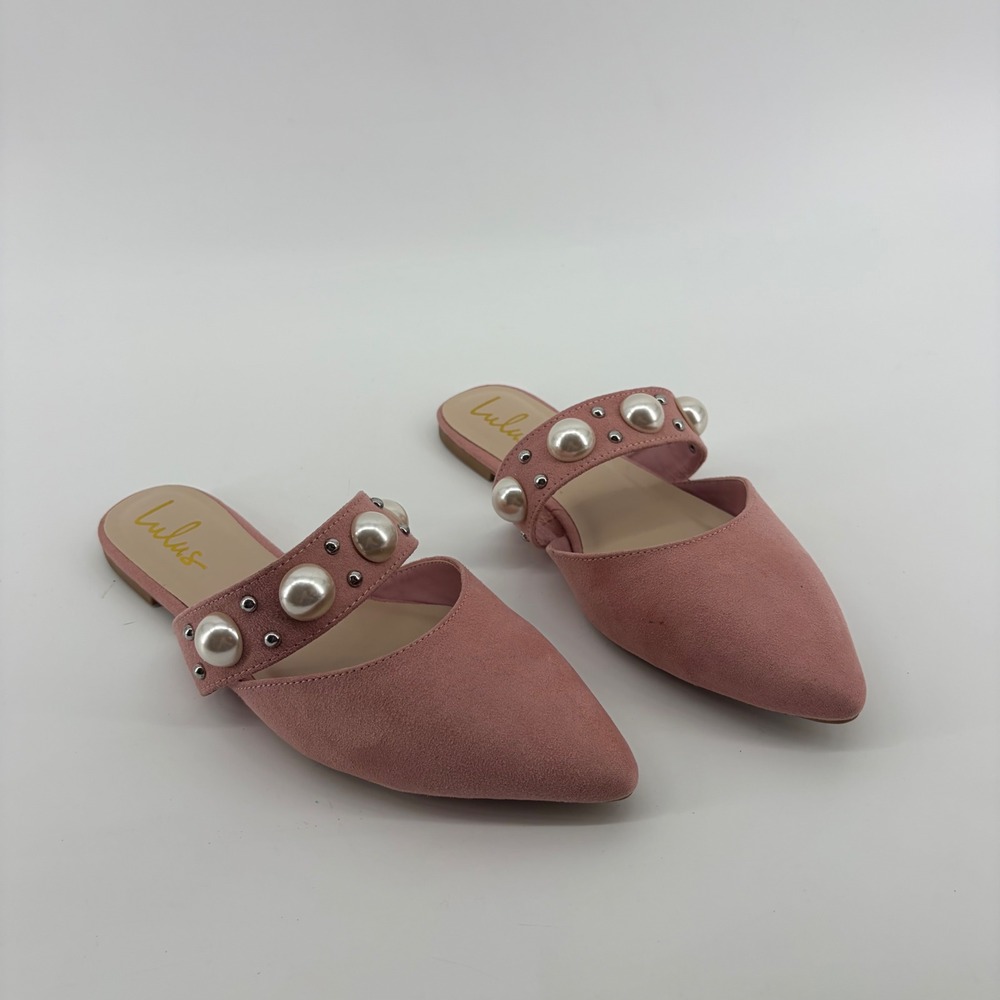 Lulus Womens 8.5 Pink Justifyy Pearl Studded Pointed Toe Mules Flat Slides